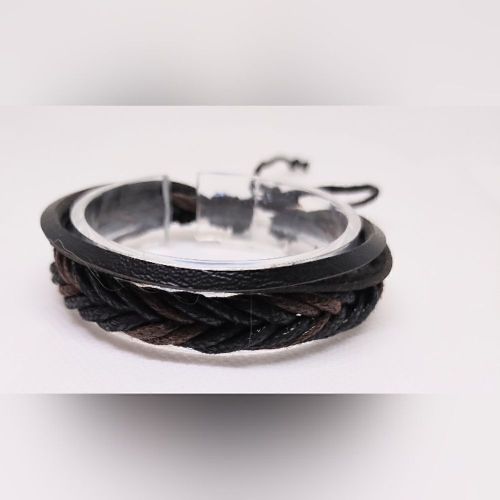 Men's bracelet leather braided layered‎ brown new e6